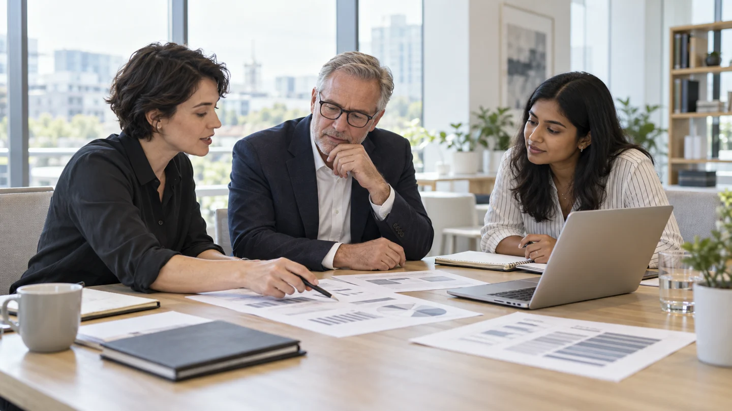 A cross-functional team reviewing printed governance and risk documentation in a bright office